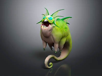 Green Fantasy Creature With Sharp Teeth Multiple Eyes Leaf Like Appendages And Curled Tail 3d model