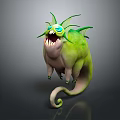 Green Fantasy Creature With Sharp Teeth Multiple Eyes Leaf Like Appendages And Curled Tail 3d model