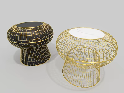 Modern Black And Gold Coffee Tables With Round Marble Top And Metal Wireframe Design 3d model