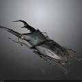 3D Rendered Horned Beetle with Large Curved Horns and Metallic Shell on Dark Background