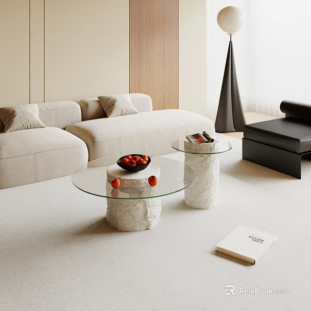 Contemporary Coffee Tables With Glass Top Marble Bases Near Beige Sofa Fruit Bowl And Book 3d model 