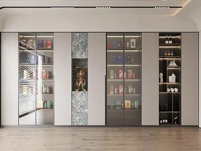Modern Built in Wine Cabinet With Glass Doors Decorative Panels And Wine Bottles 3d model