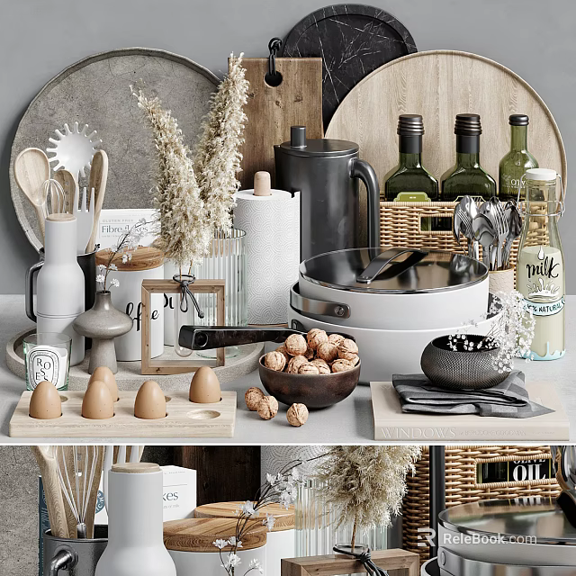 Stylish Essential Kitchenware With Pots Bowls Spoons Bottles Eggs Nuts And Baskets 3d model 