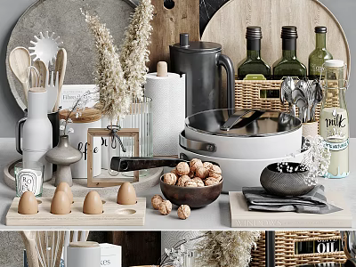Stylish Essential Kitchenware With Pots Bowls Spoons Bottles Eggs Nuts And Baskets 3d model