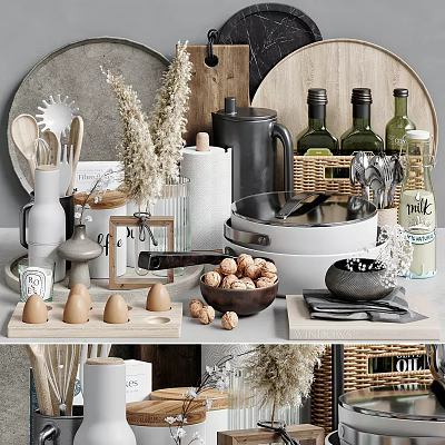 Stylish Essential Kitchenware With Pots Bowls Spoons Bottles Eggs Nuts And Baskets 3d model