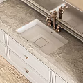 Luxury Bathroom Interior With Marble Vanity Gold Faucet And Large Mirror