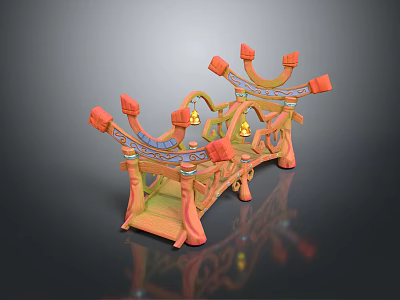 Ornate Decorative Bridge Structure With Red Orange Accents Blue Patterns And Hanging Lanterns 3d model