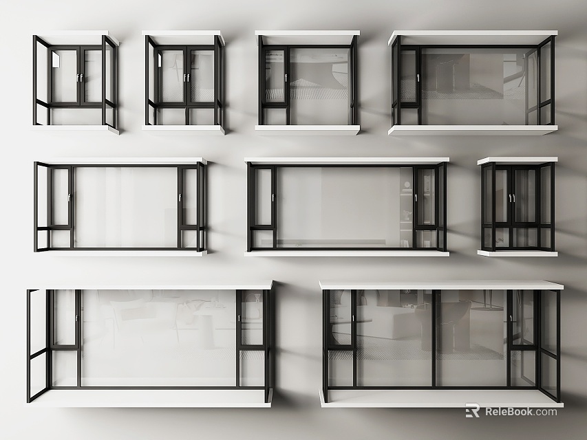 Various Bay Window Designs With Black Frames And Glass Panels For Interior Spaces 3d model 