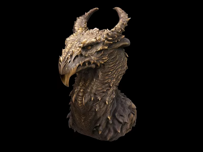 Artistic Dragon Head Sculpture With Intricate Horns And Detailed Scaly Texture 3d model