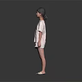Young Woman In White T Shirt And Shorts With Green Pink Slippers On Gray Background