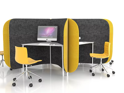 Modern Office Desk And Chair Set With Yellow Chairs Black Partitions And Computer Monitor 3d model