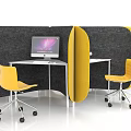 Modern Office Desk And Chair Set With Yellow Chairs Black Partitions And Computer Monitor