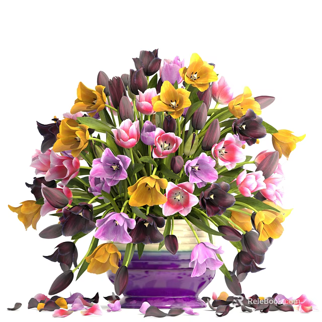 Vibrant Tulips Arrangement In Purple Vase With Yellow Pink Purple And Black Flowers 3d model 