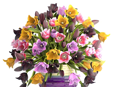 Vibrant Tulips Arrangement In Purple Vase With Yellow Pink Purple And Black Flowers 3d model
