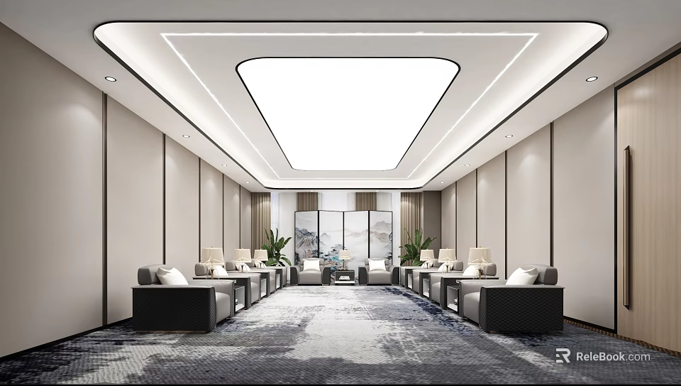 Modern Hotel Public Lounge With Comfortable Sofas Decorative Carpets Ceiling Lighting And Artwork 3d model 