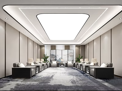 Modern Hotel Public Lounge With Comfortable Sofas Decorative Carpets Ceiling Lighting And Artwork 3d model