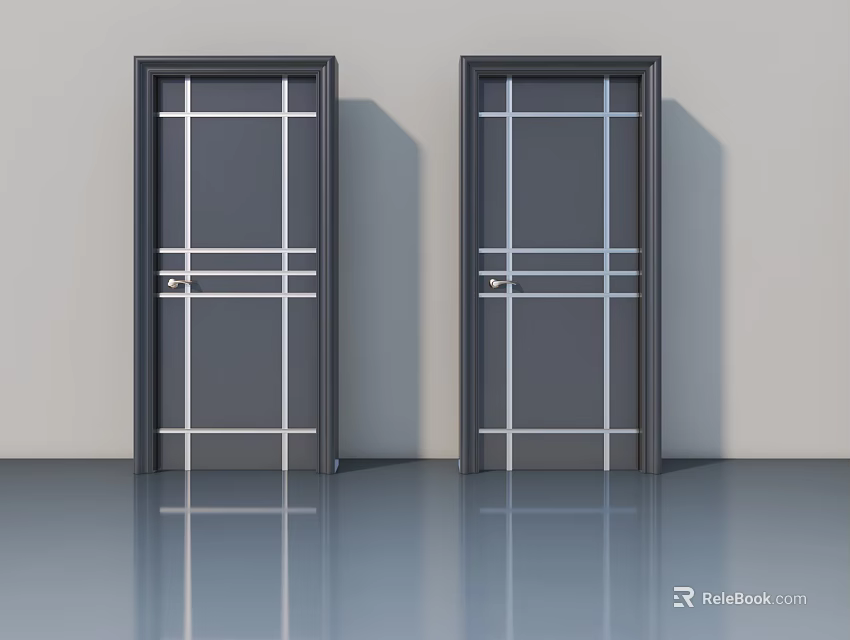 Modern Sleek Swing Doors With White Grid Patterns In Minimalist Interior 3d model