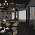 Elegant Restaurant Interior With Hanging Round Pendant Lights Red Decorative Wall And Round Dining Tables