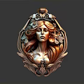 Decorative Bronze Tone Metal Pendant With Intricate Floral Design And Female Face Carving