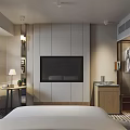 Modern Hotel Guest Room with Comfortable Bed White Bedding Striped Carpet and Writing Desk