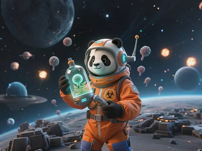 Game Movie Character Panda In Orange Astronaut Suit Holding Bottle With Green Glow In Space 3d model