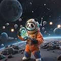 Game Movie Character Panda In Orange Astronaut Suit Holding Bottle With Green Glow In Space
