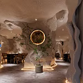 Unique Restaurant Interior Design With Cave Like Ceiling Blue Art Bar Counter And Black Stools