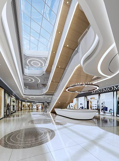 Modern Spacious Shopping Mall Hall With Elegant Streamlined Interior Lighting And Transparent Glass Skylight 3d model