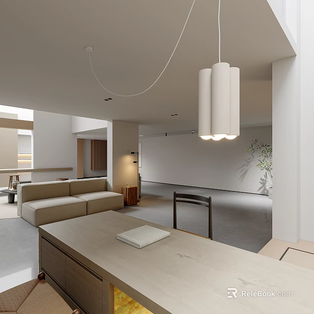Modern Minimalist Basement Interior Design With Sofa And Pendant Light 3d model