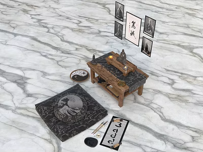 Daily Living Items Tabletop Arrangement With Wooden Table Mat Clock Brush Inkstone And Paintings 3d model