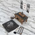 Daily Living Items Tabletop Arrangement With Wooden Table Mat Clock Brush Inkstone And Paintings