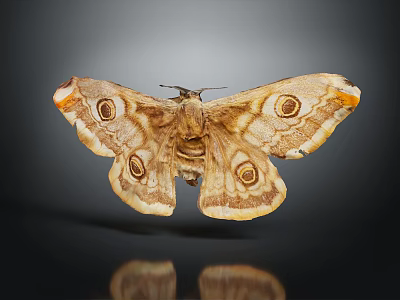 Brown and Yellow Moth with Eye Patterns on Spread Wings and Reflection on Dark Surface 3d model