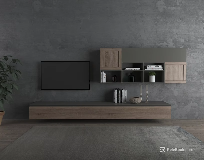 Modern Wooden TV Stand With TV And Wall Mounted Gray Cabinets 3d model 