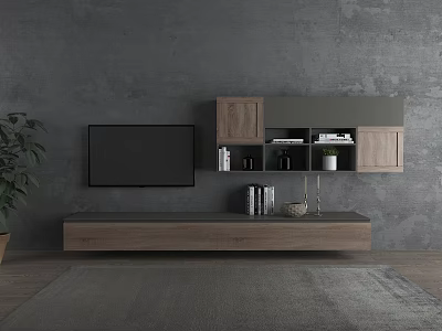 Modern Wooden TV Stand With TV And Wall Mounted Gray Cabinets 3d model