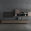 Modern Wooden TV Stand With TV And Wall Mounted Gray Cabinets