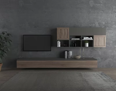 Modern Wooden TV Stand With TV And Wall Mounted Gray Cabinets 3d model