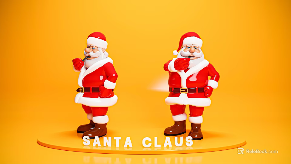 Two Santa Claus Men Standing On Yellow Background With Red Costumes Holding Cups 3d model 