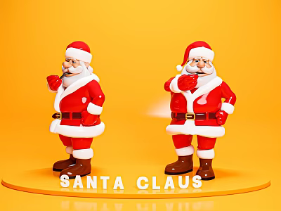 Two Santa Claus Men Standing On Yellow Background With Red Costumes Holding Cups 3d model
