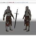 Game and Movie Character Wearing Medieval Armor With Sword Front and Side View