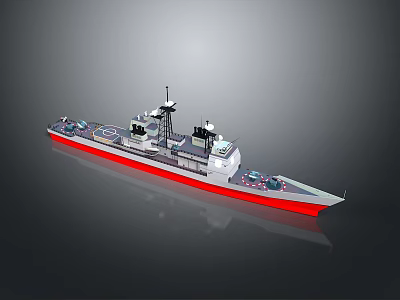 Warship Model With Gray Hull Red Bottom And Radar Antenna Systems 3d model