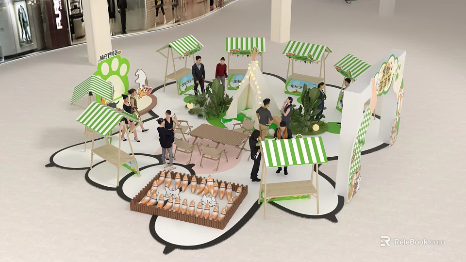 Interactive Zone with Green White Striped Canopies People Tables Chairs Display Items and Plants 3d model 