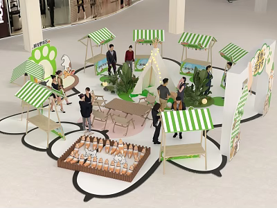 Interactive Zone with Green White Striped Canopies People Tables Chairs Display Items and Plants 3d model