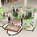 Interactive Zone with Green White Striped Canopies People Tables Chairs Display Items and Plants