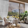 Cozy Home Balcony With Large Windows White Curtains Round Table Rattan Chair And Potted Plants