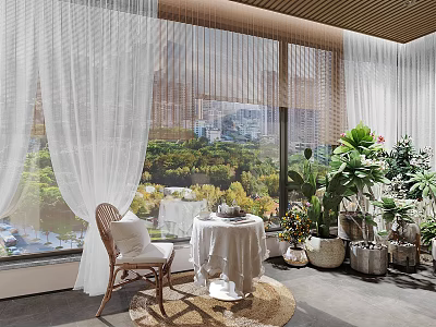 Cozy Home Balcony With Large Windows White Curtains Round Table Rattan Chair And Potted Plants 3d model