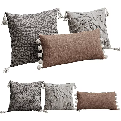 Gray And Brown Decorative Throw Pillows With Tassels And Pom Poms Design 3d model