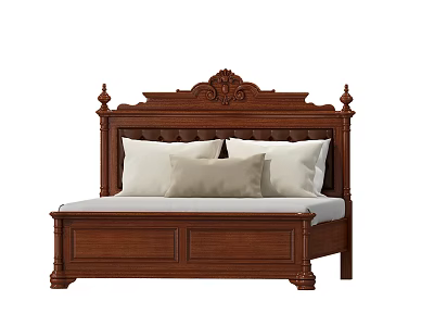 Traditional Wooden Double Bed With Intricate Carved Headboard And Light Colored Pillows 3d model