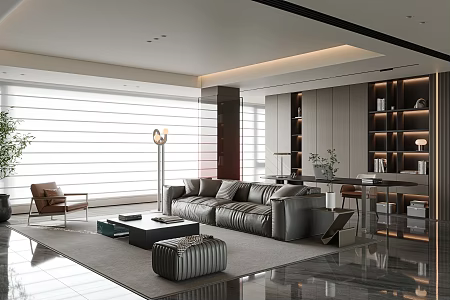 Italian-style modern living room large flat floor living room horizontal hall living room study integrated sofa coffee table combination single leisure chair study bookcase book table and chair combination single chair 3d model
