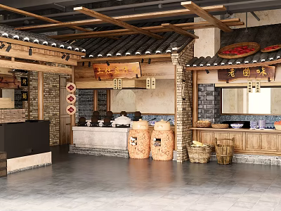 Traditional Chinese Restaurant Interior With Wooden Structure Traditional Signage And Earthen Jars 3d model