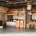Traditional Chinese Restaurant Interior With Wooden Structure Traditional Signage And Earthen Jars